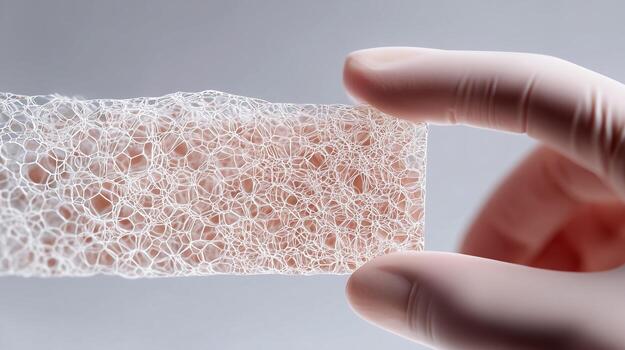 Artificial bioengineered tissue scaffold for skin regeneration held between fingers. Medical biotechnology showing synthetic biomaterial matrix structure for transplant and healing applications. photo