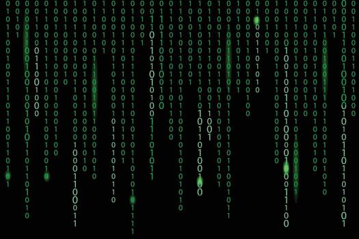 digital computadora código codificación y hackear ilustración con un verde matriz antecedentes corriente de binario código goteante números terminado un oscuro fondo vector