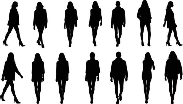 Crowd Walking Toward Viewer in Silhouette fashion model Front-facing silhouettes of people walking forward, representing progression, community vector