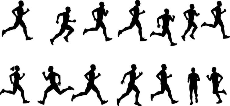 Running People Silhouettes in Action Poses A dynamic set of silhouette figures in running motion, showing energy and speed. Perfect for sports, activity, or motion-related designs vector