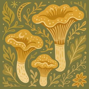 rebozuelos y árbol sucursales. ilustración en boho estilo vector