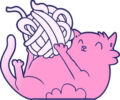 dibujos animados gato jugando con pelota de cuerda en brillante neón color vector