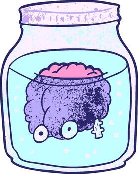cartoon spooky brain floating in jar in bright neon color vector