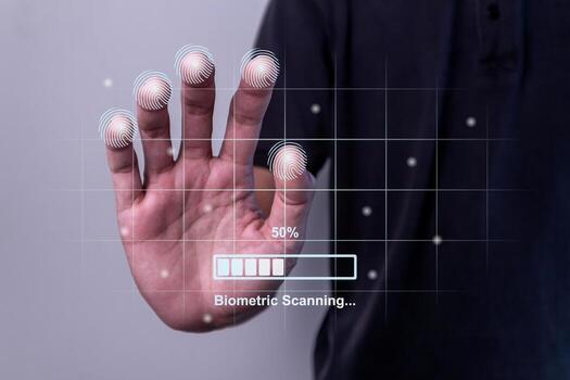 Fingerprint identification to access personal data. Man scanning fingerprint on virtual screen. photo