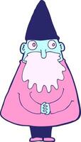 un dibujos animados gnomo con un rosado Saco y barba vector