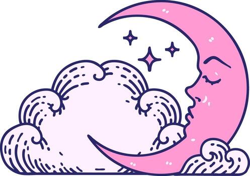 iconic tattoo style image of a crescent moon and clouds in bright neon color vector