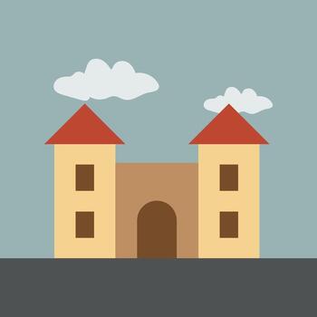 Stylized Castle Illustration with Red Roofs and Clouds, Against a Light Blue Sky, Representing Simplicity and Whimsical Design vector