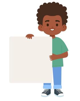 contento africano chico participación un blanco blanco tablero con vacío espacio para texto o gráficos vector
