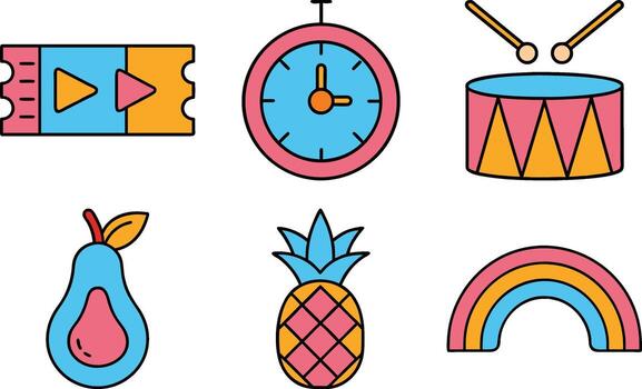 Vibrant Collection of Colorful Graphic Icons Representing Diverse Themes and Concepts Emphasizing Playfulness and Lightheartedness on a White Background vector