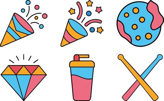 Playful Icon Set Featuring Celebration Elements a Diamond a Drink and Drumsticks in Cartoon Style with Pink Yellow and Blue Tones Suitable for a Wide Array of Creative Projects vector
