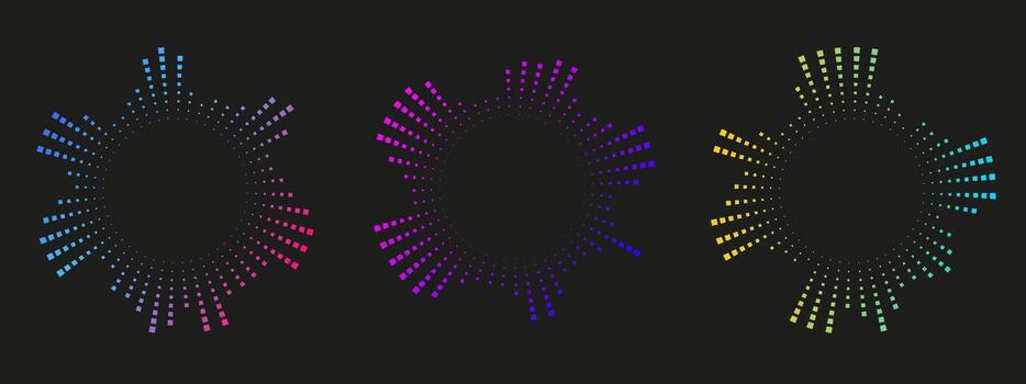 Neon radial equalizer pattern with circular sound waves. Abstract music visualization element for audio, radio, or target-style designs. graphic. vector