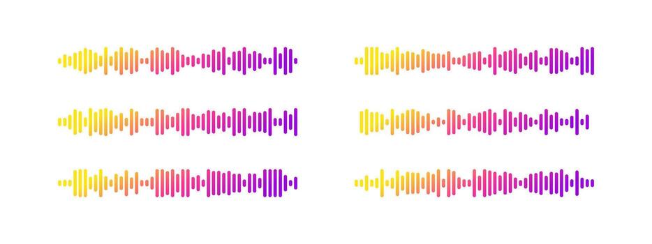 Podcast sound wave patterns with colorful gradient waveform for audio broadcasting and streaming. vector