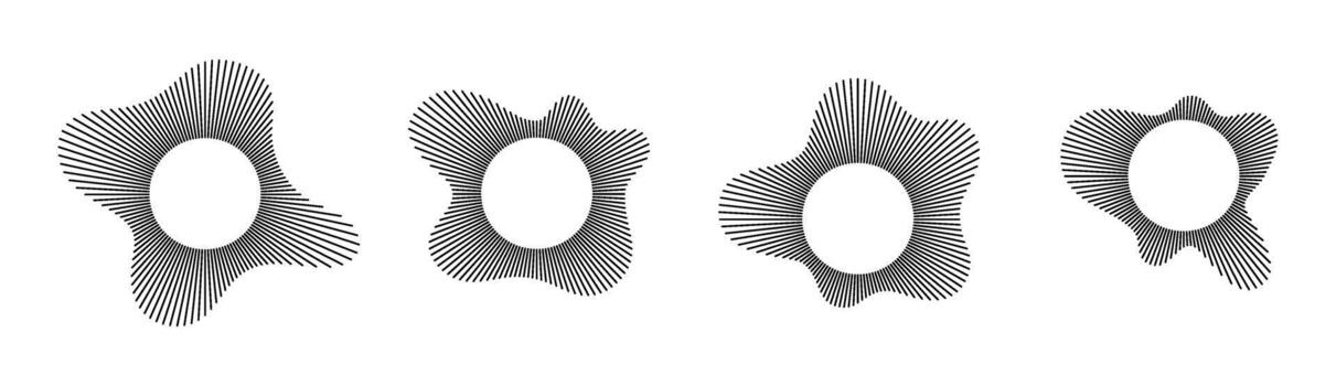 Circular sound wave patterns with radial lines for audio visualization and music graphics. vector