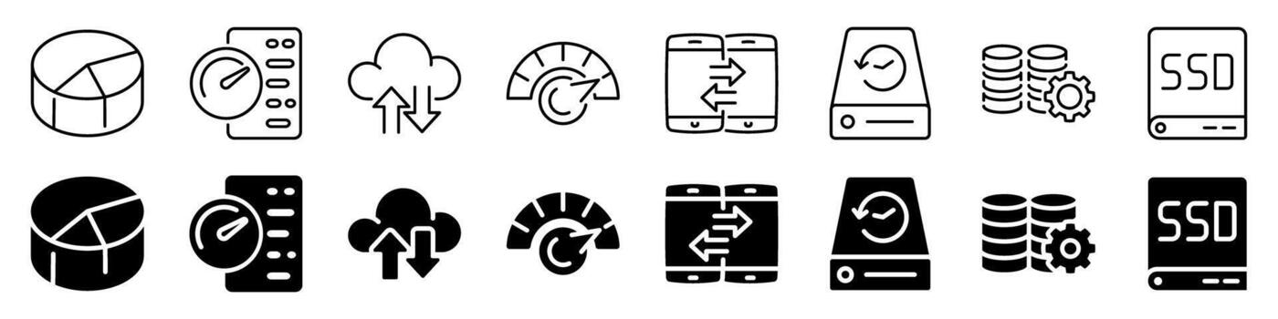 datos almacenamiento y Procesando icono. lineal y silueta estilo. vector