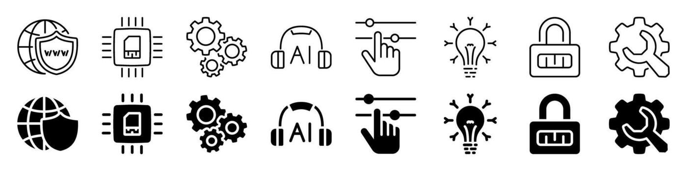 Related to internet security set. AI technology, settings, microchip, innovation. vector