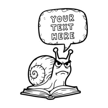 Grumpy Cartoon Snail Character Reading a Book with Speech Bubble vector