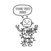 triste dibujos animados robot personaje enredado en Navidad luces vector