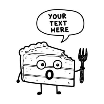 Funny Cartoon Cake Slice Character with Fork and Speech Bubble vector