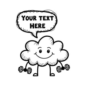 Smiling Cartoon Cloud Character Lifting Dumbbells with Speech Bubble vector
