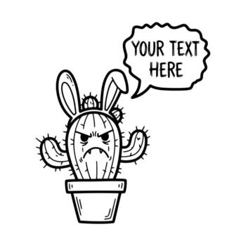Grumpy Cartoon Cactus with Bunny Ears and Speech Bubble vector