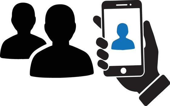 Hand holding a smartphone showing a user profile with two people in the background vector