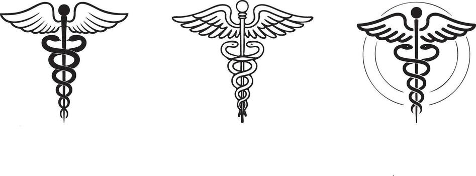Three caduceus medical symbols in black and white isolated on white background vector