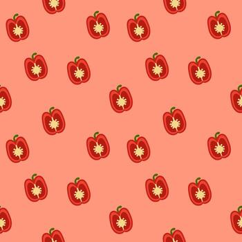 Red pepper pattern . Seamless pattern of whole red bell peppers on light red background, flat cartoon style design. vector