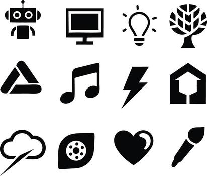 Black icons depicting technology nature and art robot computer vector