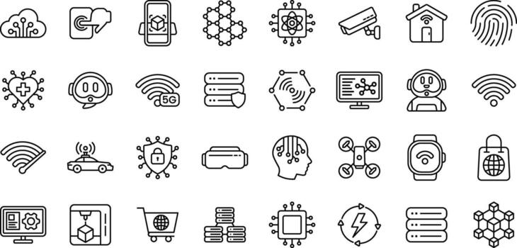 technology icons set, outline style icon, Industry, factory, technology progress, 5g, ai, robot, iot, robot, programming, automatic and many more vector