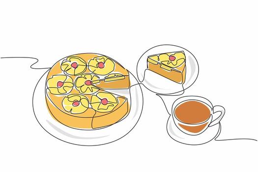 Single one line drawing pineapple upside down cake in round shape cut into small pieces. Easiest serving. Calmness. Enjoyment. Pineapple Upside-Down Cake. Continuous line design graphic illustration vector