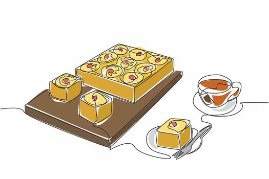 Single continuous line drawing pineapple upside-down cake in square shape on a square wooden cutting board. Aesthetics in presentation. Pineapple Upside-Down Cake. One line design vector