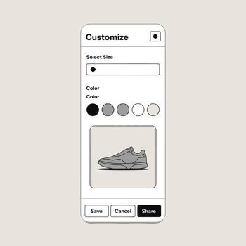 Smartphone Screen Showing a Shoe Customization App Interface with Options for Selecting Size and Color Shades of Gray Black and White a Gray Sneaker is Displayed vector