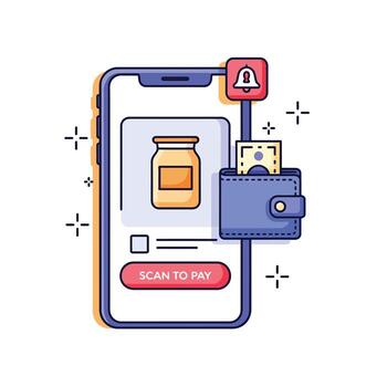 Smartphone App Interface Showing Scan to Pay Feature with a Jar of Product and a Wallet Containing Cash a Notification Bell Icon and Decorative Plus Signs vector