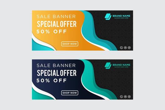 abstract design banner web template. horizontal banner with black background. green and blue wave shape for design element. special sale offer of text. vector