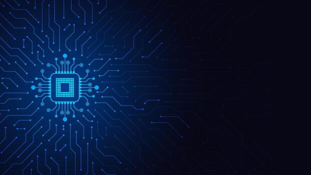 Chip processor on motherboard background. Futuristic microchip processor. Digital chip. Central processing unit technology background vector
