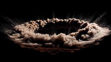smuts explosion med damm moln och partiklar spridning utåt i dynamisk horisontell brista skapande kraftfull naturlig effekt på svart bakgrund video