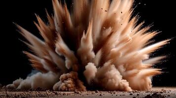 kraftfull jord nivå explosion med tät smuts damm moln och flygande skräp spricker med dynamisk energi och tvinga mot svart bakgrund video