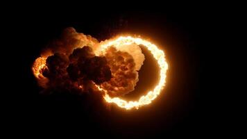 eldig ringa explosion med intensiv glöd och mörk rök moln skapande dramatisk kraftfull visuell effekt på svart bakgrund med tät rök moln video