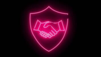 handshake icon and open shield icon with neon effect video