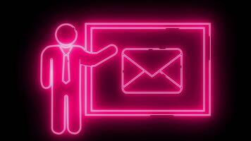 ícone do pessoa apresentando desafio mensagem ícone em monitor com néon efeito video