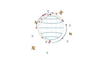 Globe grid with circular data nodes hand drawn 2D object animation. Circular structure world. Global network orbiting points animated handdrawn element isolated on white. Cartoon doodle 4K video