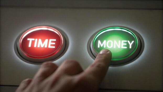 A hand presses a green button labeled MONEY beside a red button labeled TIME, symbolizing the choice between time and financial resources. photo
