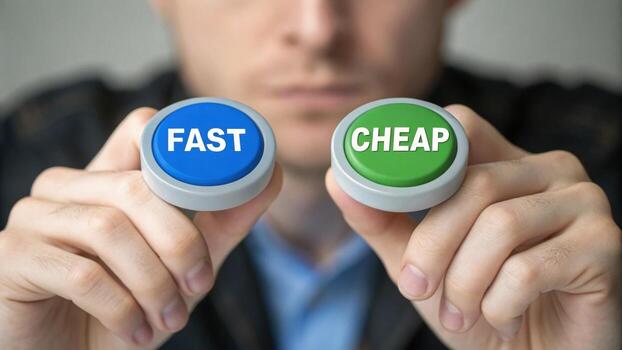 A person holds two buttons labeled FAST and CHEAP, symbolizing a choice between speed and affordability. photo