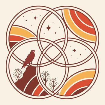 un cuervo se sienta en parte superior de un árbol en un circulo con un Dom y estrellas vector