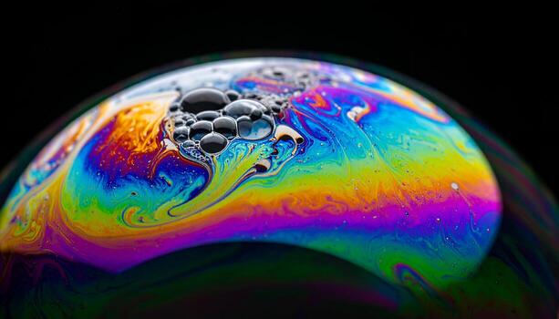 Iridescent Soap Bubble with Black Bubbles on Black Background. photo