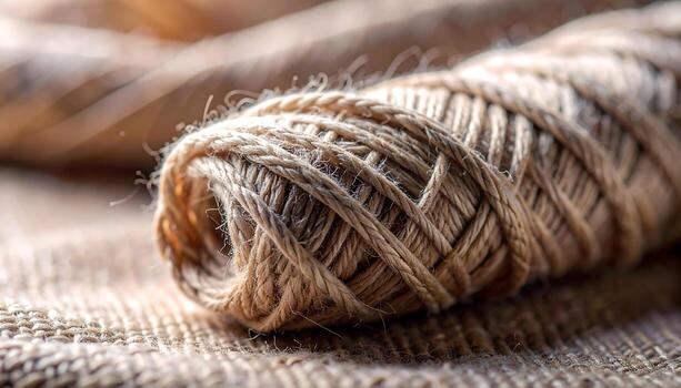Close-up of Natural Jute Twine Ball on Burlap Fabric Texture, Rustic Cord. photo