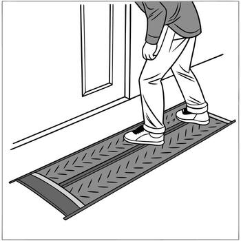 un hombre es en pie en un rampa ese es en frente de un puerta vector