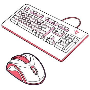 A computer keyboard and mouse are shown in a line drawing vector