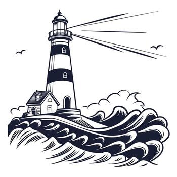 Lighthouse with waves and birds on a white background vector
