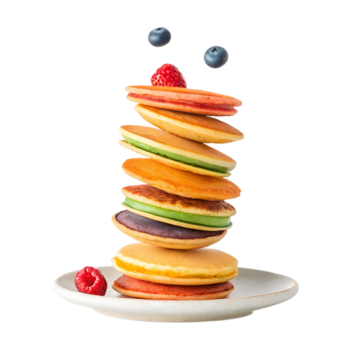 stack van kleurrijk pannekoeken met een framboos Aan top en bosbessen drijvend, Aan transparant achtergrond png